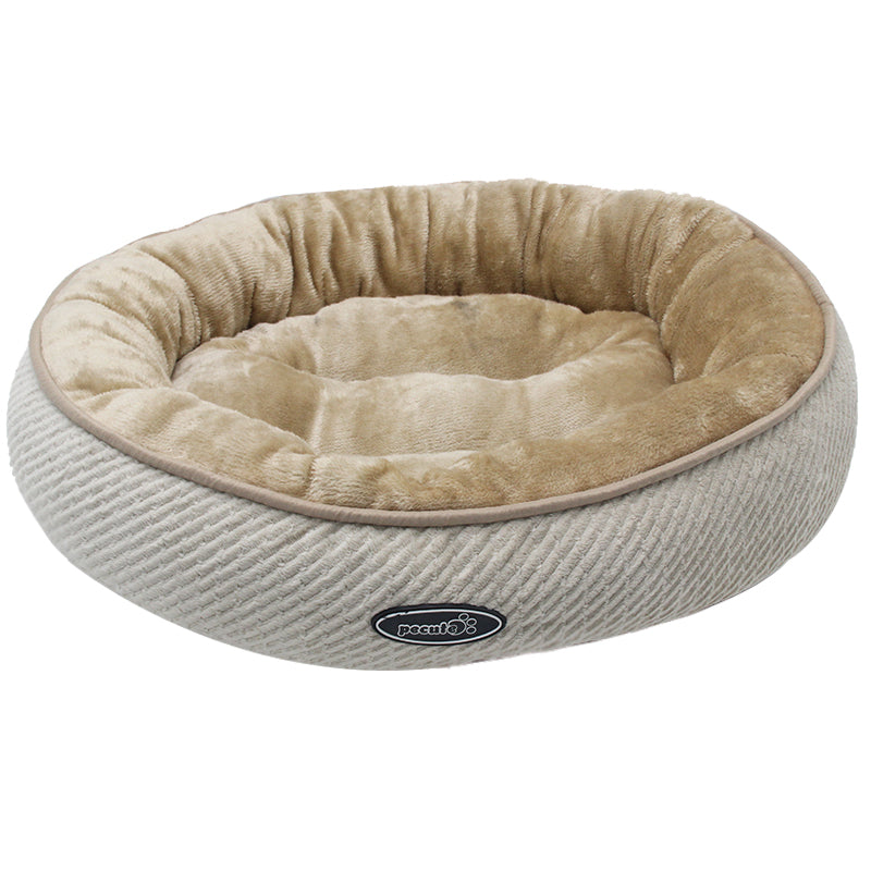 PET903 Soft Flannel Beige Donut Dog Bed Jacquard Stripe Round Dog Beds