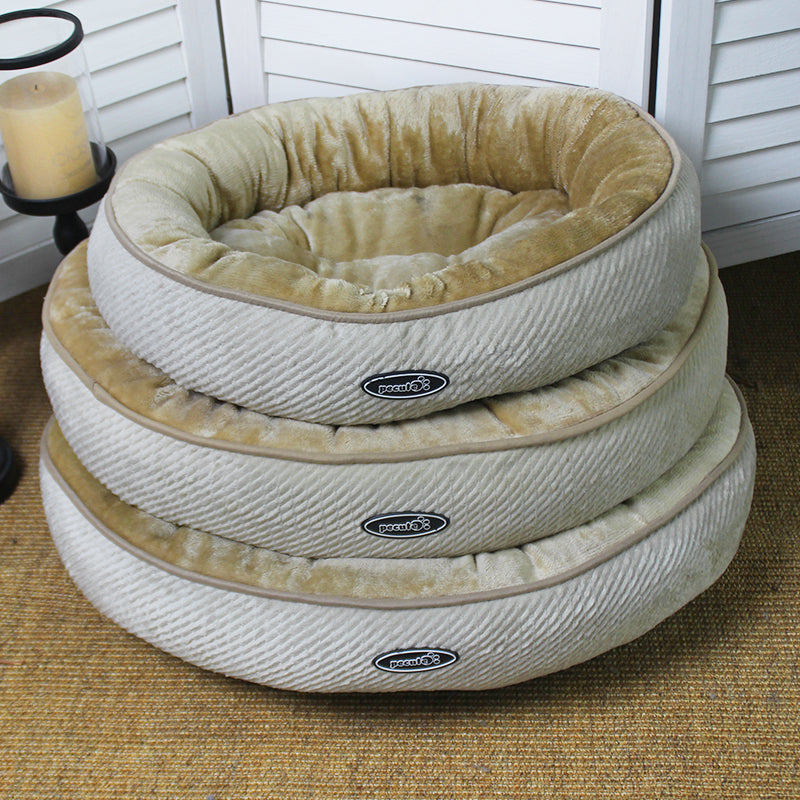 PET903 Soft Flannel Beige Donut Dog Bed Jacquard Stripe Round Dog Beds