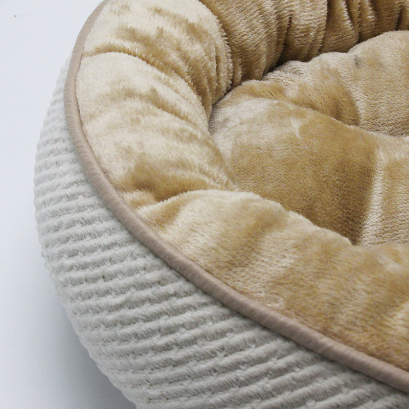 PET903 Soft Flannel Beige Donut Dog Bed Jacquard Stripe Round Dog Beds